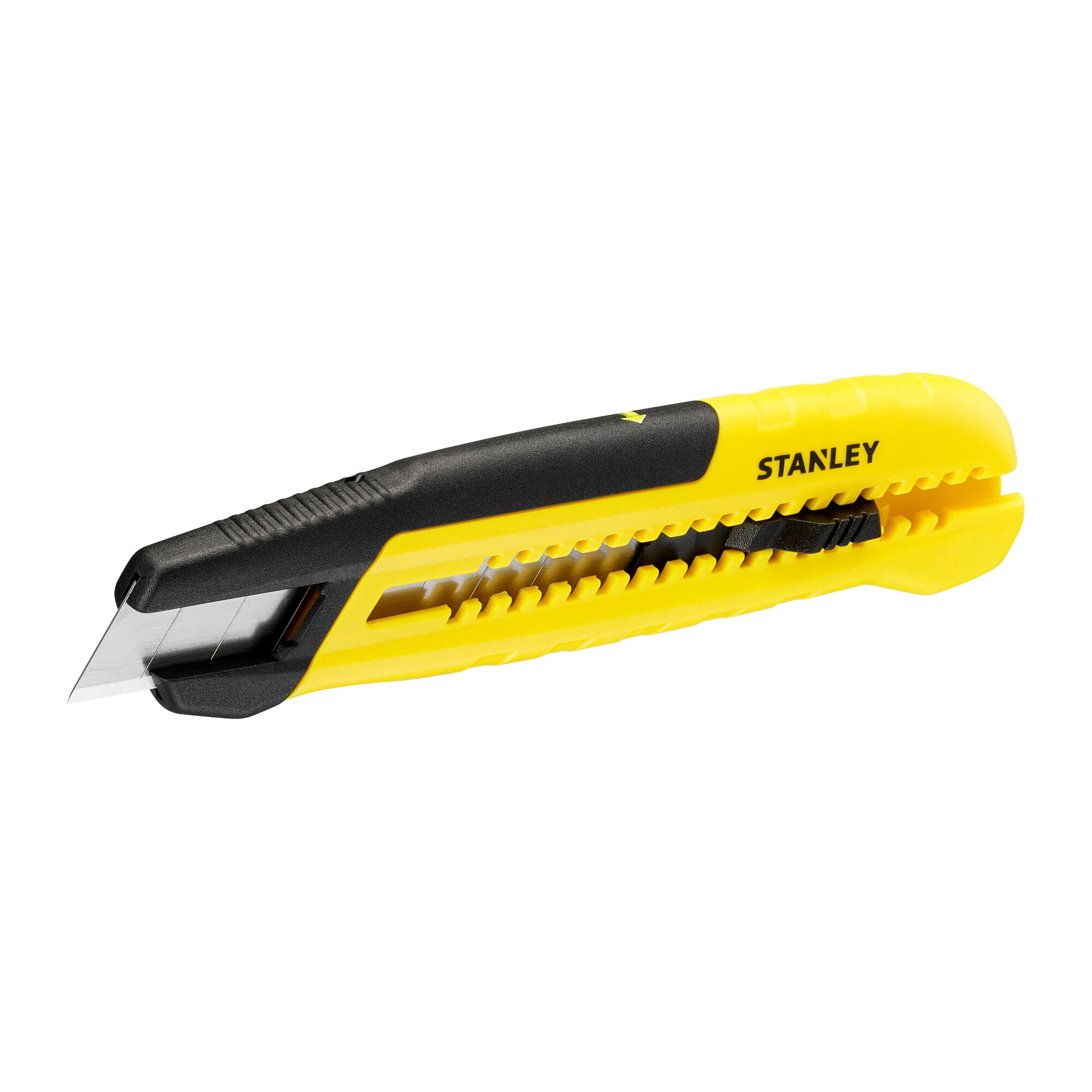 Photo du couteau utilitaire STANLEY STHT10489 à manche jaune et noir, vue latérale, fond blanc.